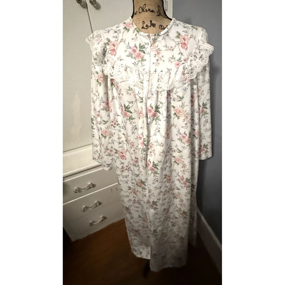 LORRAINE VTG 80s Women's Brushed Polyester Floral Nightgown Lace